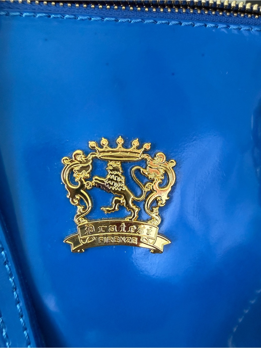 Patent Blue Crossbody with Gold Crest Accent - Picture 2 of 15